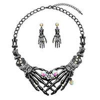 Halloween Earrings Necklace Set - Skull Skeleton Hand Gothic Punk Crystal Drop Earrings Statement Necklace Costume Jewelry for Women Girl with 1 Dangle Earrings 1 Chunky Choker Necklace Hypoallergenic